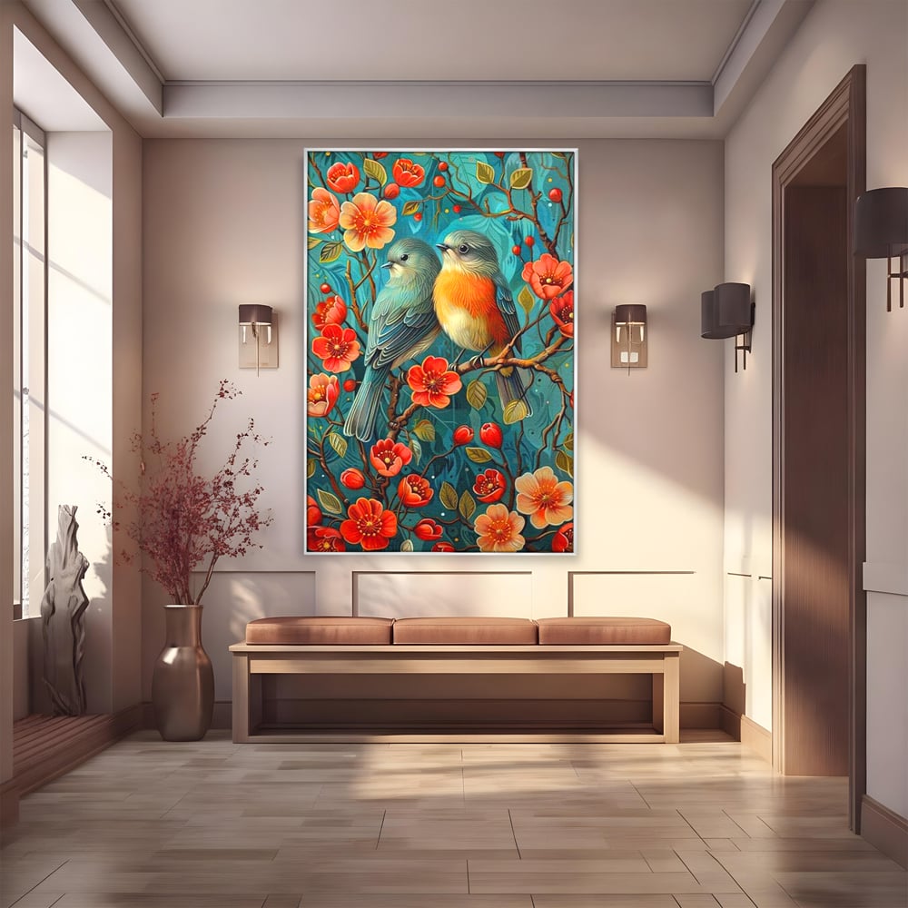 Tablou canvas cu tablou canvas cu pasari pe creanga, in rama de aluminiu argintiu
